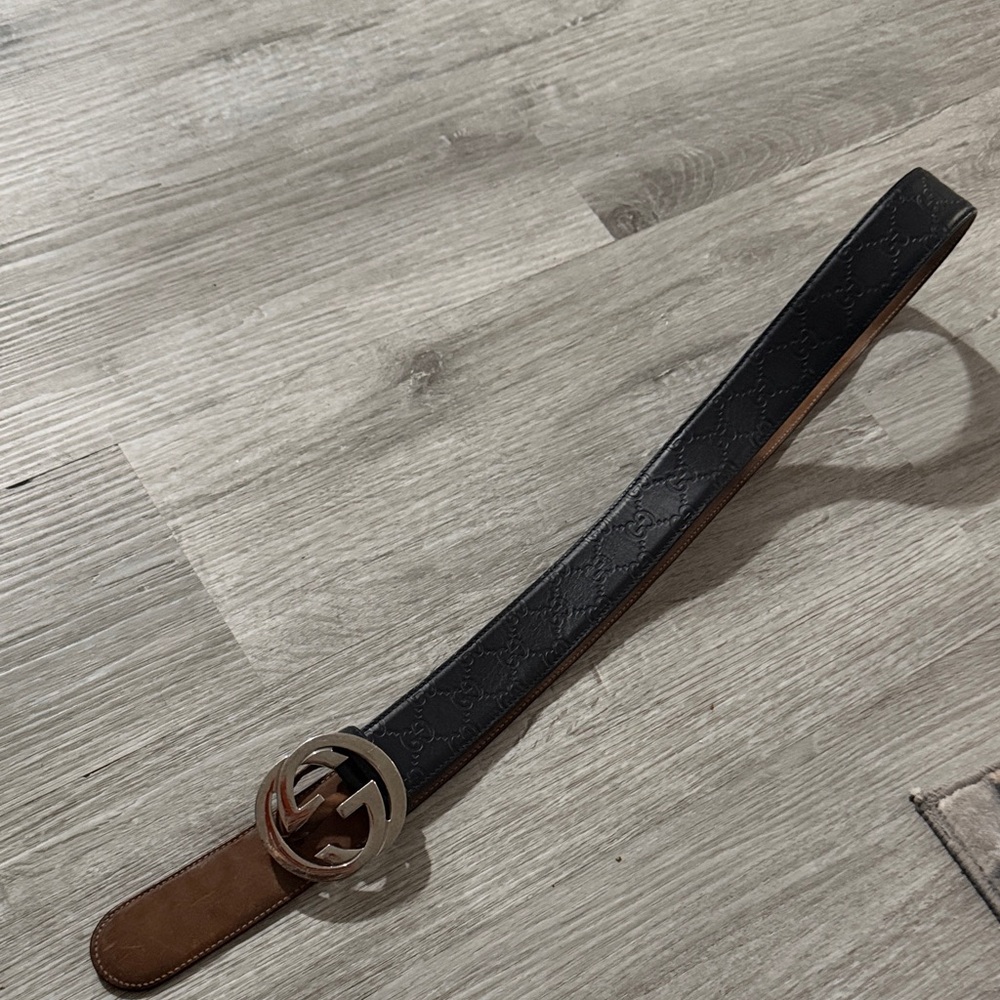 Gucci Black and Brown Leather Belt with Silver Buckle